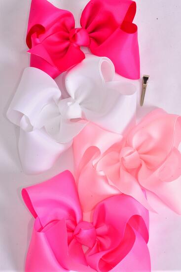 Hair Bow Extra Jumbo Cheer Type Bow Pink Mix Grosgrain Bow-tie /  12 pcs Bow = Dozen Pink Mix , Size - 8" x 7" Wide , Alligator Clip ,3 White , 3 Baby Pink , 3 Hot Pink , 3 Fuchsia Color Asst , Clip Strip and UPC Code