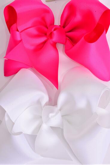 Hair Bow Extra Jumbo Cheer Type Bow Fuchsia White Turquoise Color Mix Grosgrain Bow-tie / 12 pcs Bow = Dozen Alligator Clip , Size - 8" x 7" Wide , 4 Fuchsia , 4 White , 4 Turquoise Color Asst , Clip Strip & UPC Code