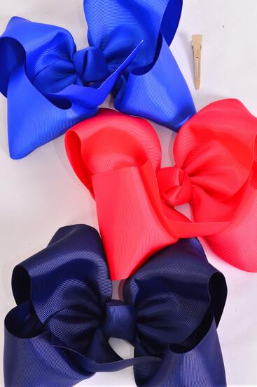 Hair Bow Extra Jumbo Cheer Type Bow Red Royal Blue Navy Mix Grosgrain Bow-tie / 12 pcs Bow = Dozen Alligator Clip , Size - 8" x 7" Wide , 4 of Each Color Asst , Clip Strip & UPC Code