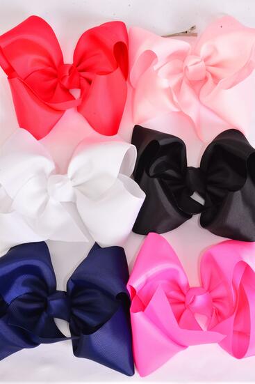 Hair Bow Jumbo Multi Color Mix Grosgrain Bow-tie / 12 pcs Bow = Dozen Alligator Clip , Size - 6" x 5" Wide , 2 Red , White , Black , 2 Pink , 2 Hot Pink ,2 Navy Color Asst , Clip Strip & UPC Code