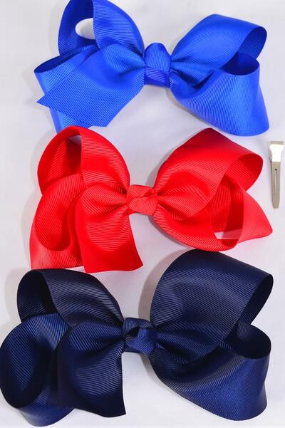 Hair Bow Large Royal Blue Red Navy Mix Grosgrain Bow-tie / 12 pcs = Dozen Alligator Clip , Size - 4" x 3" Wide , 4 of each Color Asst , Clip Strip & UPC Code