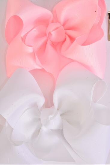 Hair Bow Extra Jumbo Cheer Type Bow Light Pink White Color Mix Grosgrain Bow-tie / 12 pcs Bow = Dozen  Alligator Clip , Size - 8" x 7" Wide , 6 Light Pink , 6 White Color Asst , Clip Strip & UPC Code