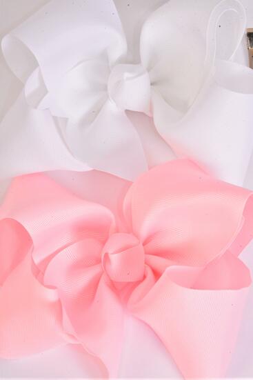 Hair Bow Extra Jumbo Cheer Type Bow Light Pink White Color Mix Grosgrain Bow-tie / 12 pcs Bow = Dozen  Alligator Clip , Size - 8" x 7" Wide , 6 Light Pink , 6 White Color Asst , Clip Strip & UPC Code