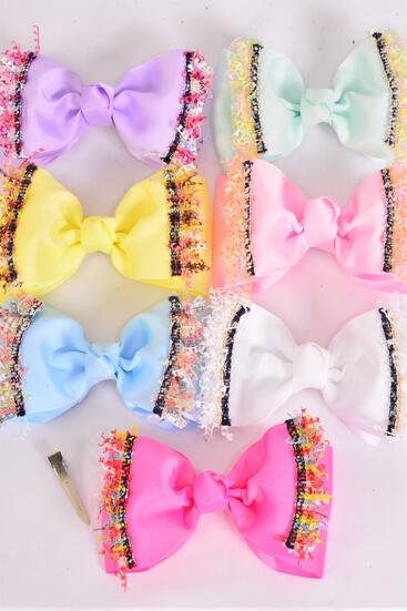 Hair Bow Large Double Layered Decorative Edge Grosgrain Bow-tie Pastel / 12 pcs Bow = Dozen Alligator Clip , Size - 6" x 4" Wide , 2 White , 2 Pink , 2 Lavender , 2 Hot Pink , 2 Mint ,1 Blue ,1 Yellow Color Asst , Clip Strip and UPC Code
