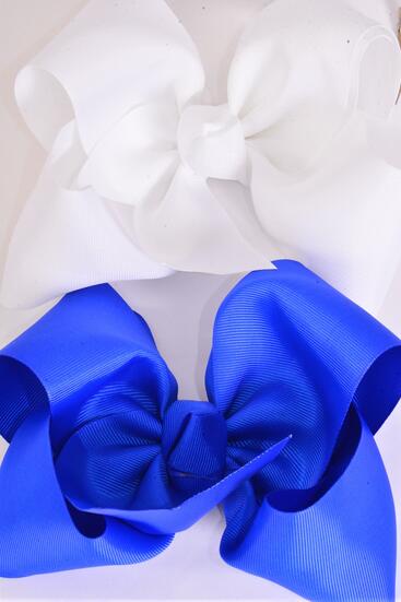  Hair Bow Extra Jumbo Cheer Type Bow Royal Blue White Color Mix Grosgrain Bow-tie / 12 pcs Bow = Dozen Alligator Clip , Size - 8" x 7" Wide , 6 Royal Blue , 6 White Color Asst , Clip Strip & UPC Code