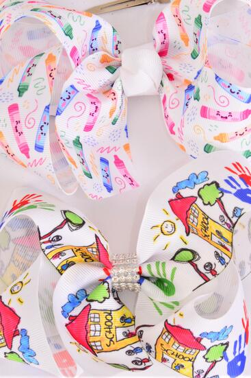 Hair Bow Jumbo Back to School etc Grosgrain Bow-tie / 12 pcs Bow = Dozen  Back to school , Alligator Clip , Size - 6" x 5" Wide , 6 Of Each Pattern Asst , Clip Strip & UPC Code