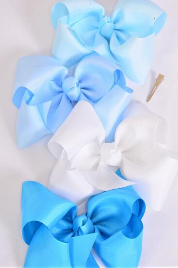 Hair Bow Extra Jumbo Cheer Type Bow Blue Mix Grosgrain Bow-tie / 12 pcs Bow = Dozen  Blue Mix , Alligator Clip , Size - 8" x 7" Wide , 3 White , 3 Turquoise , 3 Sky Blue , 3 Baby Blue Mix , Clip Strip & UPC Code