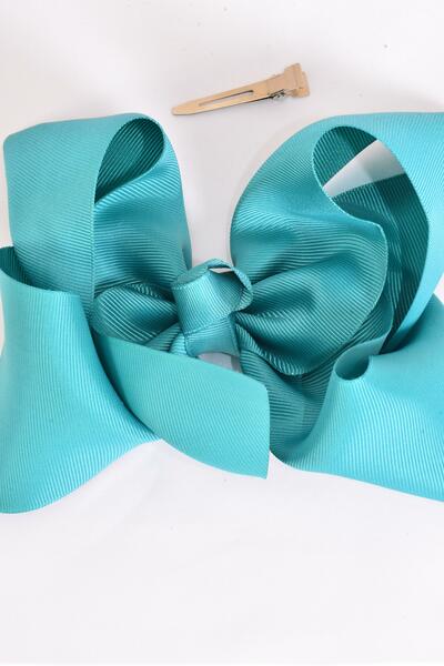 Hair Bow Extra Jumbo Cheer Type Bow Teal Green Grosgrain Bow-tie / 12 pcs Bow = Dozen  Teal Green , Alligator Clip , Size - 8" x 7" Wide , Clip Strip & UPC Code