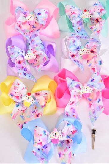 Hair Bow Jumbo Double Layered Cupcake Muffin Grosgrain Bow-tie Pastel / 12 pcs Bow = Dozen Alligator Clip , Size - 6" x 5" Wide , 2 White , 2 Baby Pink , 2 Lavender , 2 Hot Pink , 2 Mint ,1 Blue ,1 Yellow Color Asst , Clip Strip & UPC Code