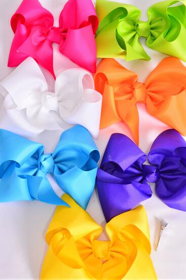 Hair Bow Extra Jumbo Cheer Type Bow Citrus Grosgrain Bow-tie /12 pcs Bow = Dozen Alligator Clip , Size - 8" x 7" Wide , 2 Fuchsia , 2 Blue , 2 Yellow , 2 Purple , 2 White , 1 Lime , 1 Orange Color Mix , Clip Strip & UPC Code