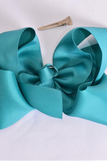 Hair Bow Extra Jumbo Cheer Type Bow Jade Green Grosgrain Bow-tie / 12 pcs Bow = Dozen Alligator Clip , Size - 8" x 7" Wide ,  Clip Strip & UPC Code