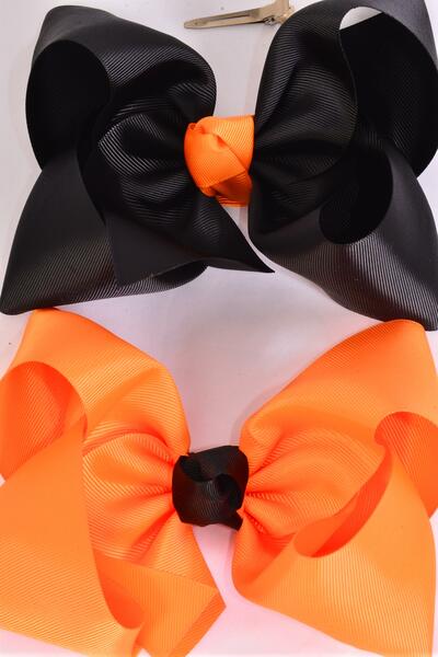 Hair Bow Extra Jumbo Cheer Type Bow Black Orange Mix Grosgrain Bow-tie / 12 pcs Bow = Dozen Alligator Clip , Size - 8" x 7" Wide ,  6 Black , 6 Autumn Orange Mix , Clip Strip & UPC Code