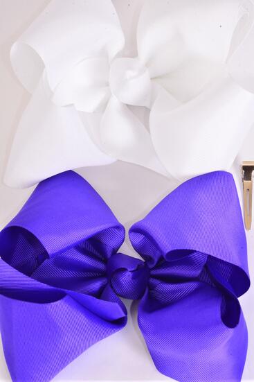 Hair Bow Extra Jumbo Cheer Type Bow Purple White Mix Grosgrain Bow-tie /12 pcs Bow = Dozen Alligator Clip , Size - 8" x 7" Wide ,  6 Purple , 6  White Color Asst , Clip Strip & UPC Code