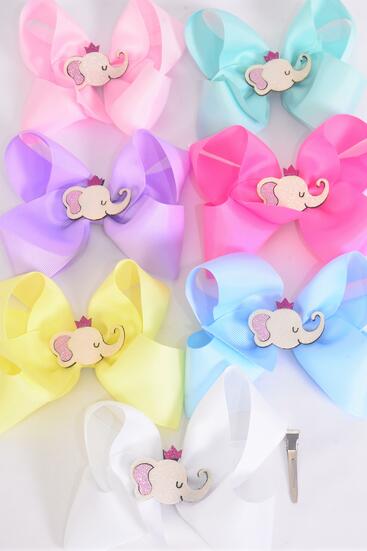 Hair Bow Jumbo Metallic Elephant Charm Pastel Grosgrain Bow-tie / 12 pcs Bow = Dozen Alligator Clip , Size - 6" x 5" Wide , 2 White , 2 Pink , 1 Blue , 1 Yellow , 2 Lavender , 2 Hot Pink ,2 Mint Green Color Asst , Clip Strip & UPC Code