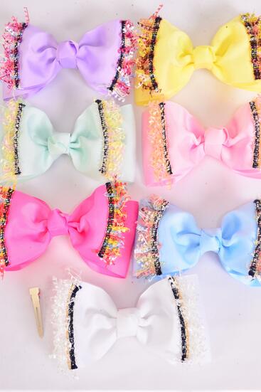 Hair Bow Large Double Layered Decorative Edge Grosgrain Bow-tie Pastel / 12 pcs Bow = Dozen Alligator Clip , Size - 6" x 4" Wide , 2 White , 2 Pink , 2 Lavender , 2 Hot Pink , 2 Mint ,1 Blue ,1 Yellow Color Asst , Clip Strip and UPC Code