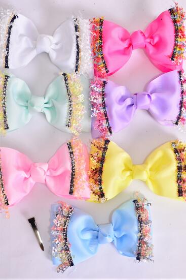Hair Bow Large Double Layered Decorative Edge Grosgrain Bow-tie Pastel / 12 pcs Bow = Dozen Alligator Clip , Size - 6" x 4" Wide , 2 White , 2 Pink , 2 Lavender , 2 Hot Pink , 2 Mint ,1 Blue ,1 Yellow Color Asst , Clip Strip and UPC Code
