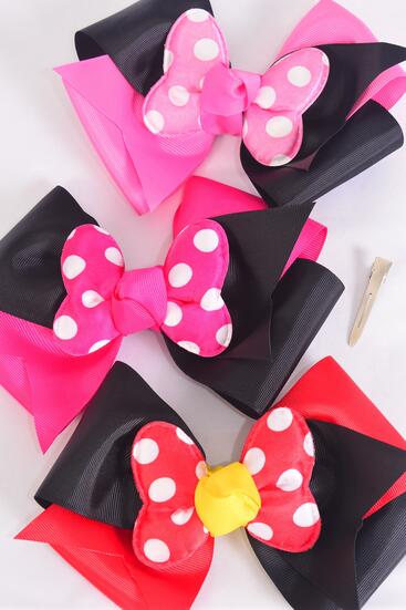 Hair Bow Extra Jumbo Cheer Type Bow Double Layered Polka dot Grosgrain Bow-tie Pink Mix / 12 pcs Bow = Dozen Alligator Clip , Size - 7" x 6" Wide , 4 Red , 4 Fucvhsia , 4 Hot Pink Color Asst , Clip Strip & UPC Code