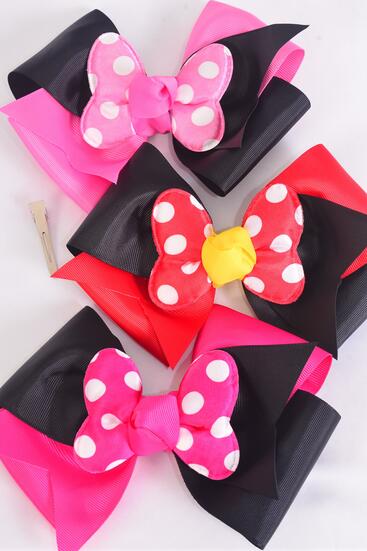 Hair Bow Extra Jumbo Cheer Type Bow Double Layered Polka dot Grosgrain Bow-tie Pink Mix / 12 pcs Bow = Dozen Alligator Clip , Size - 7" x 6" Wide , 4 Red , 4 Fucvhsia , 4 Hot Pink Color Asst , Clip Strip & UPC Code