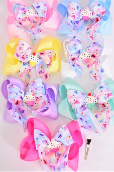 Hair Bow Jumbo Double Layered Cupcake Muffin Grosgrain Bow-tie Pastel / 12 pcs Bow = Dozen Alligator Clip , Size - 6" x 5" Wide , 2 White , 2 Baby Pink , 2 Lavender , 2 Hot Pink , 2 Mint ,1 Blue ,1 Yellow Color Asst , Clip Strip & UPC Code