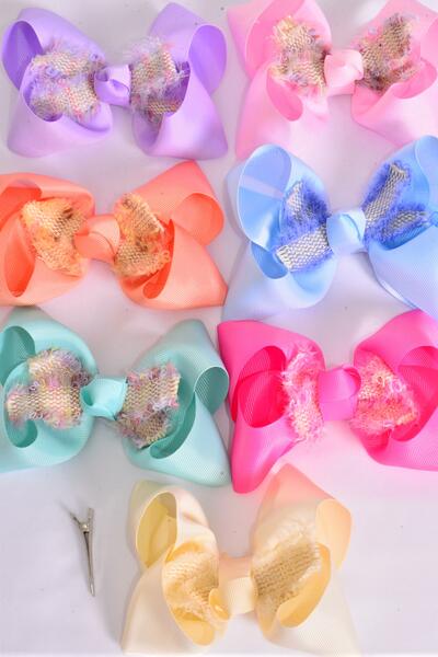 Hair Bow Jumbo Double Layered Tweed Accent Grosgrain Bow-tie Pastel / 12 pcs Bow = Dozen Alligator Clip , Size - 6" x 5" Wide , 2 Beige , 2 Pink , 2 Lavender , 2 Hot Pink , 2 Blue , 1 Peach , 1 mint Green Asst , Clip Strip and UPC Code
