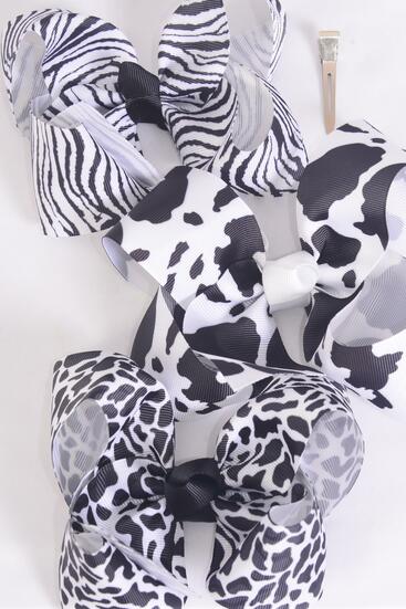 Hair Bow Jumbo Cow Zebra Leopard Pattern Mix Grosgrain Bow-tie / 12 pcs Bow = Dozen Alligator Clip , Size - 6" x 5" Wide , 4 of each Pattern Asst , Clip Strip & UPC Code