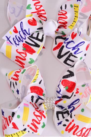 Hair Bow Jumbo Back to School Love Teach Etc Grosgrain Bow-tie / 12 pcs Bow = Dozen  Alligator Clip , Size - 6" x 5" Wide , Clip Strip & UPC Code
