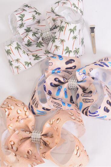 Hair Bow Jumbo Sand Footprints Seashell Flip Flop Pam Tree Grosgrain Bow-tie / 12 pcs Bow = Dozen   Alligator Clip , Bow - 6" x 5" Wide , 4 of each Pattern Asst , Clip Strip & UPC Code