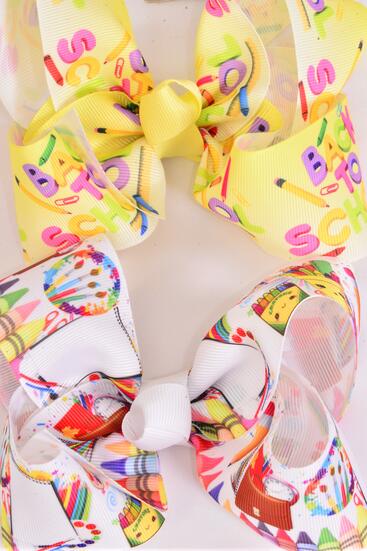 Hair Bow Jumbo Back to School  Crayon Etc Grosgrain Bow-tie / 12 pcs Bow = Dozen Alligator Clip , Size - 6" x 5" Wide , 6 Of Each Pattern Asst , Clip Strip & UPC Code
