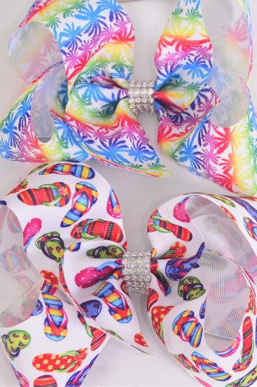 Hair Bow Jumbo Vacation Pam Tree Flip Flop Grosgrain Bow-tie /  12 pcs Bow = Dozen  Alligator Clip , Bow - 6" x 5" Wide , 6 of each Pattern Asst , Clip Strip & UPC Code