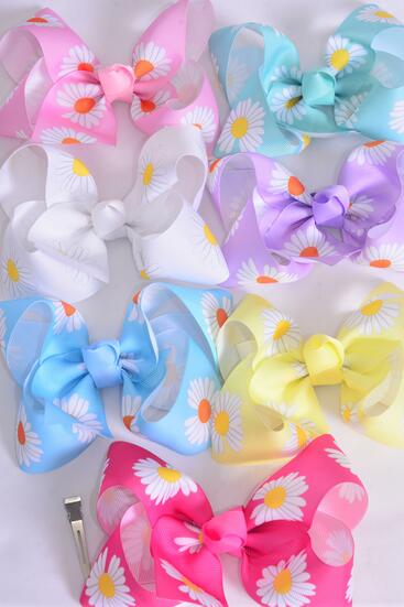 Hair Bow Jumbo Flower Daisy Pastel Grosgrain Bow-tie /  12 pcs Bow = Dozen  Alligator Clip , Size - 6" x 5" , 2 White , 2 Baby Pink , 2 Lavender , 2 Hot Pink , 2 Mint Green ,1 Blue, 1 Yellow Color Asst , Clip Strip & UPC Code