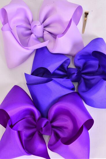 Hair Bow Extra Jumbo Cheer Type Bow Purple Mix Grosgrain Bow-tie / 12 pcs Bow = Dozen Alligator Clip , Size - 8" x 7" Wide , 4 Purple , 4 Lilac , 4 Lavender Color Mix , Clip Strip & UPC Code