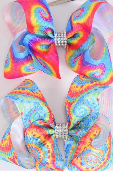Hair Bow Jumbo Gradient Tiedye Grosgrain Bow-tie /  12 pcs Bow = Dozen Alligator Clip , Size - 6" x 5" Wide , 6 of each Pattern Asst , Clip Strip & UPC Code