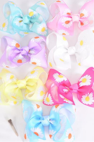 Hair Bow Jumbo Flower Daisy Pastel Grosgrain Bow-tie /  12 pcs Bow = Dozen  Alligator Clip , Size - 6" x 5" , 2 White , 2 Baby Pink , 2 Lavender , 2 Hot Pink , 2 Mint Green ,1 Blue, 1 Yellow Color Asst , Clip Strip & UPC Code