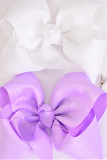 Hair Bow Extra Jumbo Cheer Type Bow Lavender White Color Mix Grosgrain Bow-tie / 12 pcs Bow = Dozen Alligator Clip , Size - 8" x 7" Wide , 6 Lavender , 6 White Color Asst , Clip Strip  & UPC Code