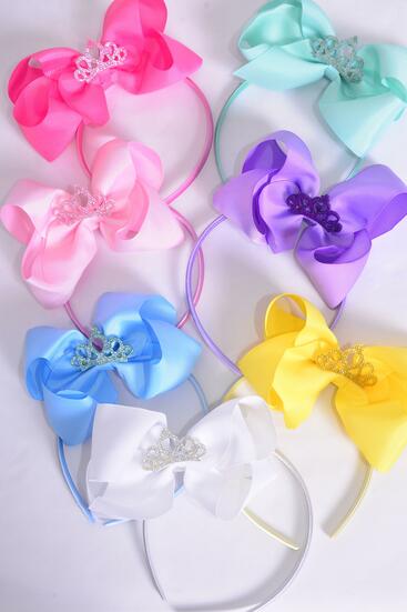Headband Horseshoe Jumbo Tiara Grosgrain Bow-tie Pastel / 12 pcs = Dozen Bow Size - 6" x 5" , 2 White , 2 Pink , 2 Yellow , 2 Lavender , 2 Blue , 1 Hot Pink , 1 Mint Green Color Mix , Display Card & UPC Code , Clear Box