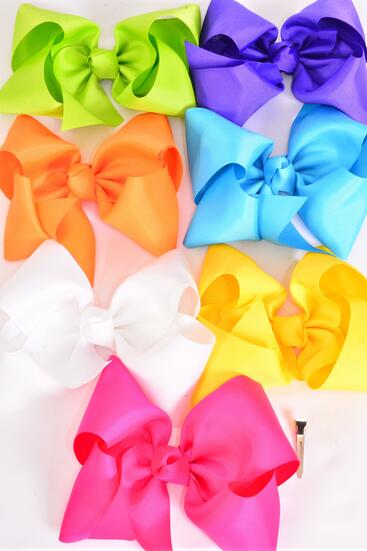 Hair Bow Extra Jumbo Cheer Type Bow Citrus Grosgrain Bow-tie /12 pcs Bow = Dozen Alligator Clip , Size - 8" x 7" Wide , 2 Fuchsia , 2 Blue , 2 Yellow , 2 Purple , 2 White , 1 Lime , 1 Orange Color Mix , Clip Strip & UPC Code