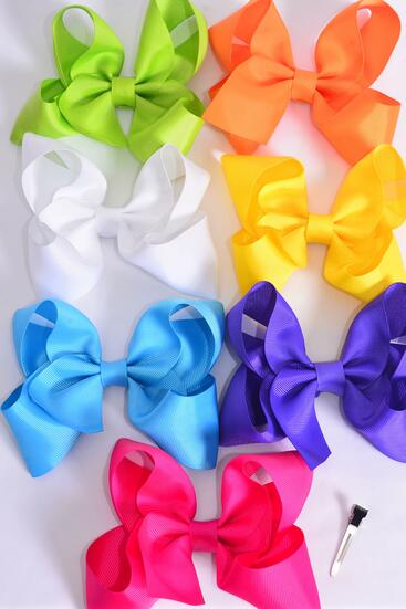 Hair Bow Jumbo Grosgrain Bow-tie Citrus / 12 pcs Bow = Dozen Alligator Clip , Size - 6" x 5" Wide , 2 White , 2 Fuchsia , 2 Purple , 2 Yellow , 2 Blue , 1 Lime , 1 Orange Color Asst , Clip Strip and UPC Code