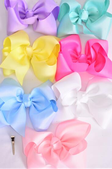 Hair Bow Extra Jumbo Cheer Type Bow Pastel Grosgrain Bow-tie / 12 pcs Bow = Dozen  Alligator Clip , Size - 8" x 7" , 2 White , 2 Yellow , 2 Blue , 2 Baby Pink , 2 Lavender , 1 Hot Pink , 1 Mint Color Asst , Clip Strip & UPC Code