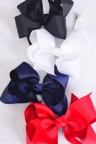 Hair Bow Extra Jumbo Cheer Type Bow Red White Black Navy Mix Grosgrain Bow-tie/DZ Alligator Clip , Size - 8" x 7" Wide ,3 Red , 3 White , 3 Black , 3 Navy Color Asst , Clip Strip & UPC Code