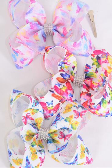 Hair Bow Jumbo Butterfly Grosgrain Bow-tie / 12 pcs Bow = Dozen Alligator Clip , Size - 6" x 5" Wide , 4 Of each Pattern Asst , Clip Strip & UPC Code
