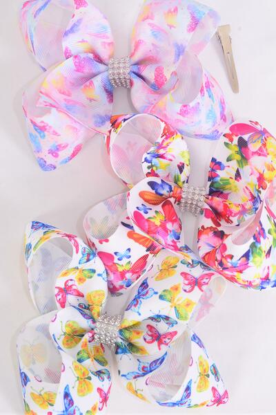 Hair Bow Jumbo Butterfly Grosgrain Bow-tie / 12 pcs Bow = Dozen Alligator Clip , Size - 6" x 5" Wide , 4 Of each Pattern Asst , Clip Strip & UPC Code