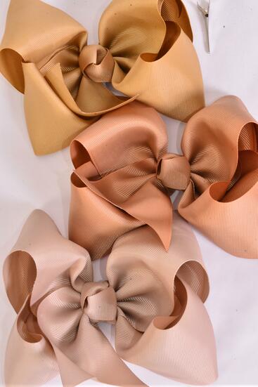 Hair Bow Extra Jumbo Cheer Type Bow Khaki Mix Grosgrain Bow-tie / 12 pcs Bow = Dozen  Alligator Clip , Size - 8" x 7" Wide , 4 of each Pattern Asst , Clip Strip & UPC Code