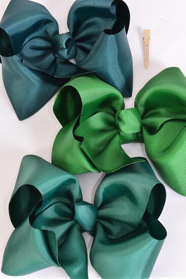 Hair Bow Extra Jumbo Cheer Type Bow Hunter Green Mix Grosgrain Bow-tie /  12 pcs Bow = Dozen Hunter Green Mix , Alligator Clip , Size - 8" x 7" Wide , 4 Spruces , 4 Hunter Green , 4 Forest Green Color Asst , Clip Strip & UPC Code