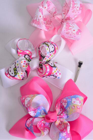 Hair Bow Jumbo Double Layered Cute Kitty Pattern Mix Grosgrain Bow-tie /  12 pcs Bow = Dozen Alligator Clip , Size - 6" x 5" Wide , 4 Of Each Pattern Asst , Clip Strip & UPC Code