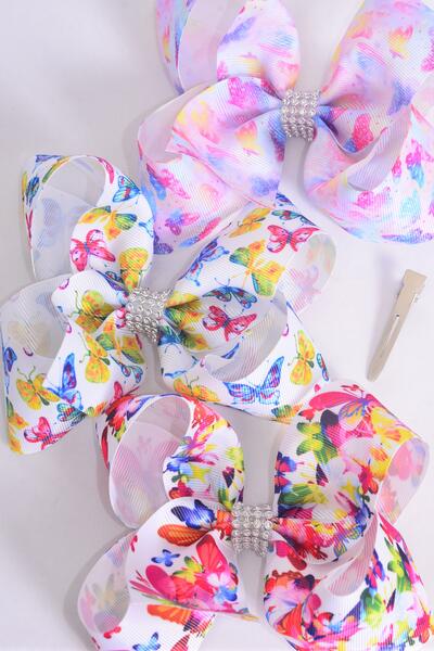 Hair Bow Jumbo Butterfly Grosgrain Bow-tie / 12 pcs Bow = Dozen Alligator Clip , Size - 6" x 5" Wide , 4 Of each Pattern Asst , Clip Strip & UPC Code