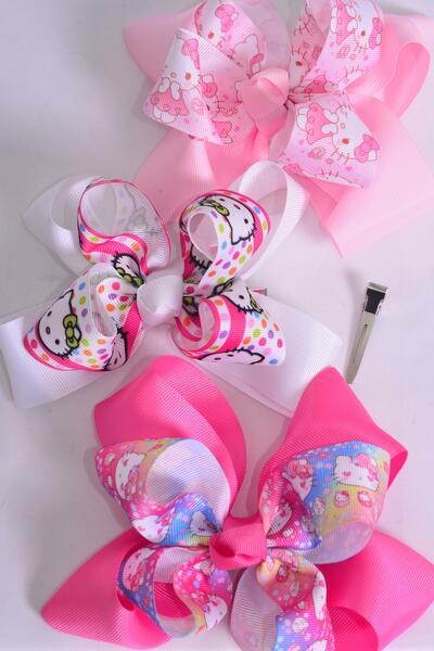 Hair Bow Jumbo Double Layered Cute Kitty Pattern Mix Grosgrain Bow-tie /  12 pcs Bow = Dozen Alligator Clip , Size - 6" x 5" Wide , 4 Of Each Pattern Asst , Clip Strip & UPC Code