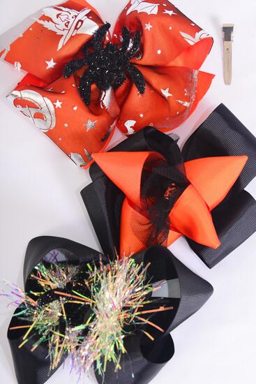 Hair Bow Jumbo Halloween Double Layered Grosgrain Bow-tie / 12 pcs Bow = Dozen Alligator Clip , Size - 6" x 5" Wide , 4 of each Pattern Asst , Clip Strip & UPC Code