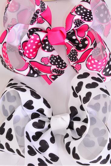 Hair Bow Jumbo Heart Mix Grosgrain Bow-tie / 12 pcs Bow = Dozen Alligator Clip , Size - 6" x 5" Wide , 6 of each Pattern Asst , Clip Strip & UPC Code
