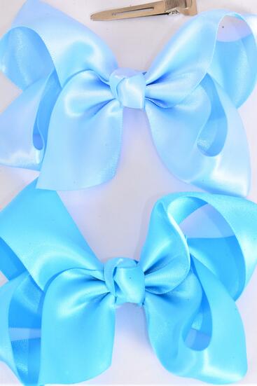 Hair Bow Large Satin Blue Mix Bow-tie / 12 pcs = Dozen Alligator Clip , Size - 4" x 3" Wide , 6 Sky Blue , 6 Turquoise Color Asst , Clip Strip & UPC Code