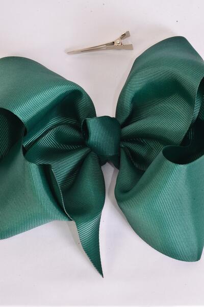 Hair Bow Jumbo Hunter Green Grosgrain Bow-tie / 12 pcs Bow = Dozen  Hunter Green , Alligator Clip , Size  -6" x 5" Wide , Clip Strip & UPC Code